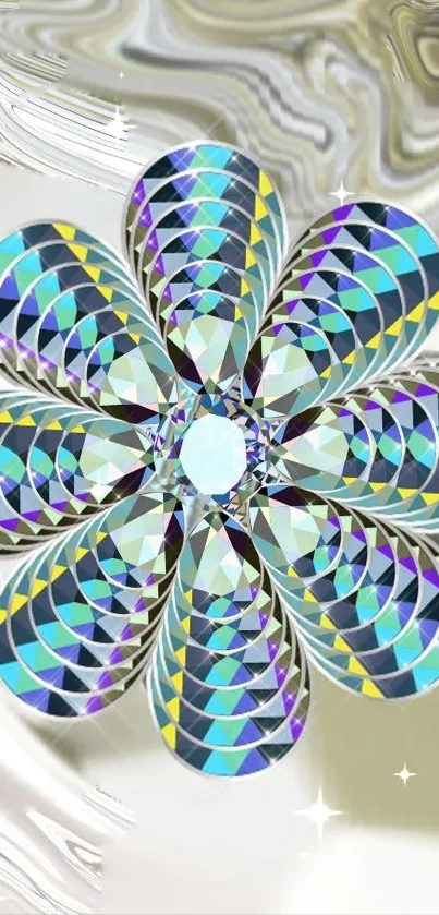 Geometric floral design in blue hues for phone wallpaper.