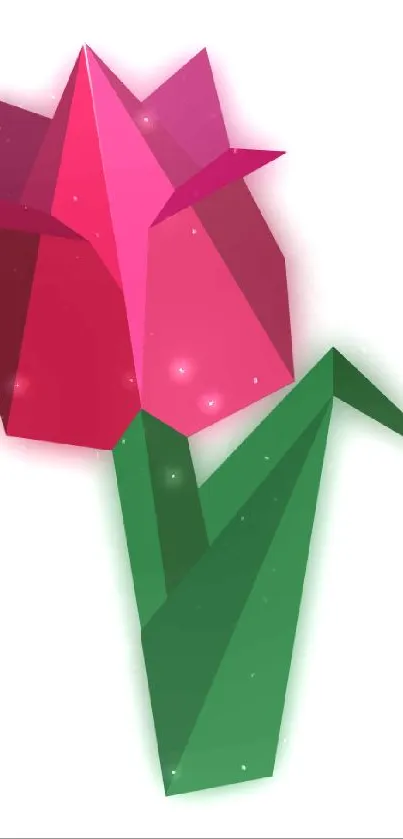 Geometric origami flower in pink and green on wallpaper.