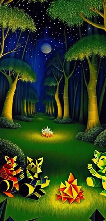 Geometric forest with animals and stars at night.