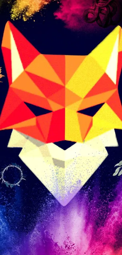 Geometric fox head on cosmic background in vibrant colors.