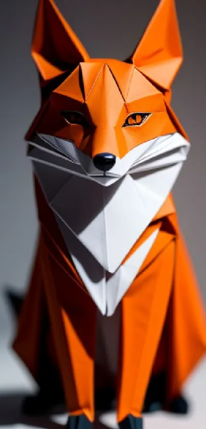 Geometric fox in orange origami style on a white background.