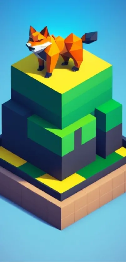 Stylized geometric fox on a blocky landscape with vibrant colors.