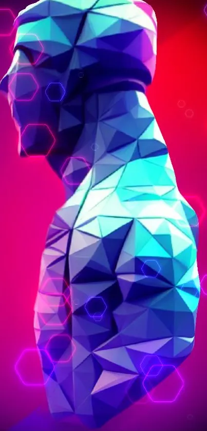 Futuristic geometric sculpture with neon colors.