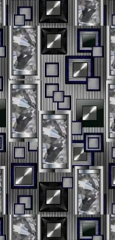 Geometric gemstone pattern wallpaper with metallic tones.