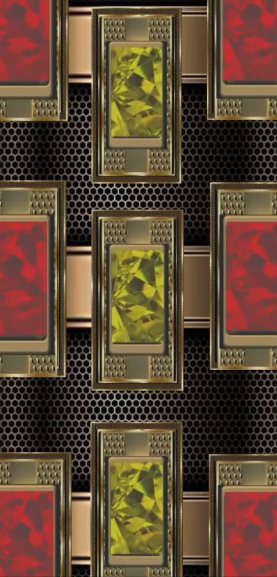 Geometric wallpaper with red and yellow gemstones in a metallic grid design.
