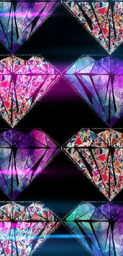 Colorful geometric diamond pattern on black background.