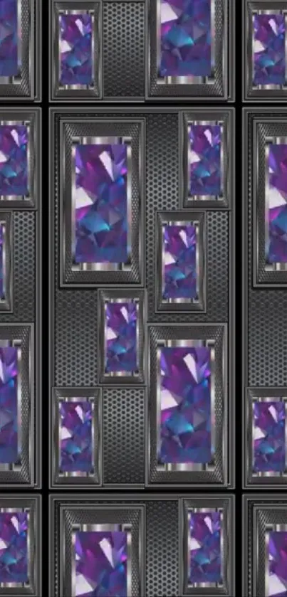 Geometric pattern with purple gemstones and metallic textures.