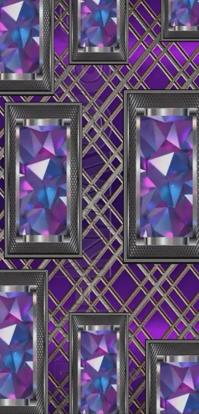 Geometric gemstone pattern with purple hues and metallic accents.