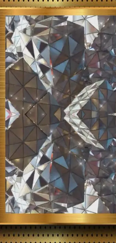 Geometric glass art pattern with a golden frame.