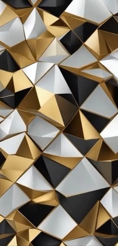Geometric wallpaper in gold, black, and white 3D triangles.