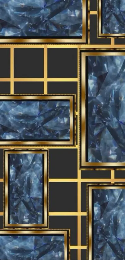 Geometric wallpaper with gold and blue abstract design.