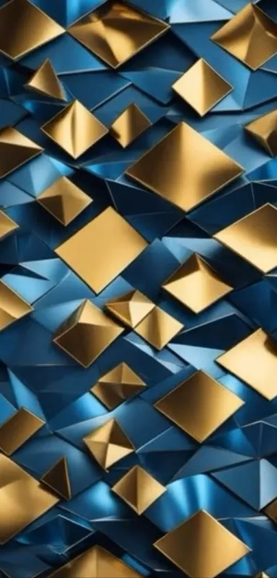 Geometric gold and blue 3D pattern wallpaper.