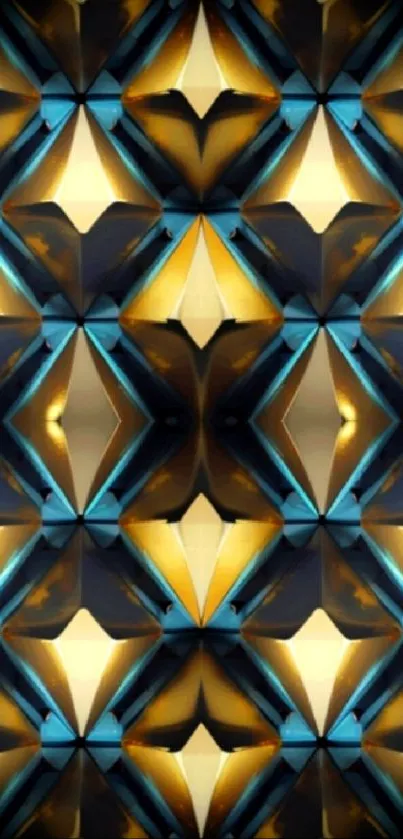 Geometric gold and blue 3D pattern wallpaper for phones.