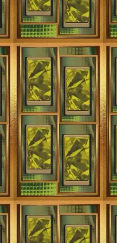 Geometric pattern wallpaper with gold and green accents.