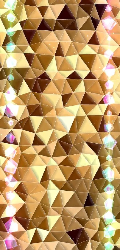 Golden brown geometric pattern wallpaper with triangular shapes.