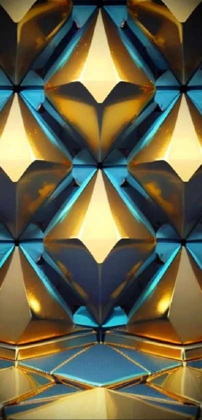 Gold and blue geometric mobile wallpaper with reflective surfaces.