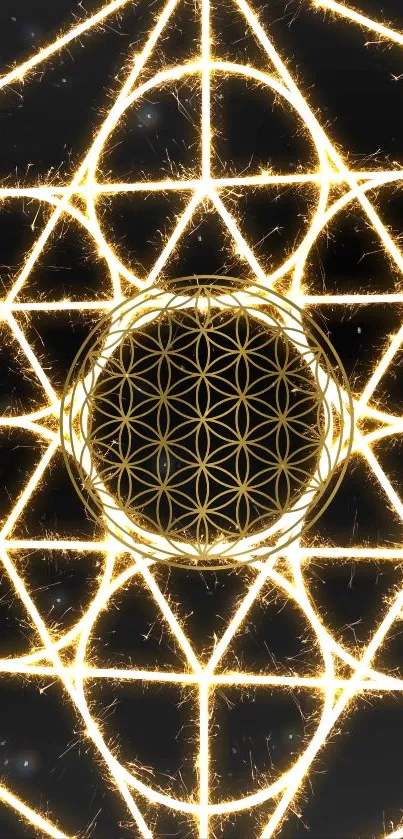 Golden geometric pattern wallpaper with sacred geometry.