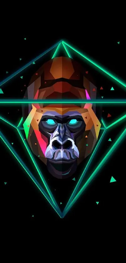 Geometric gorilla wallpaper with neon colors and bold abstract design.