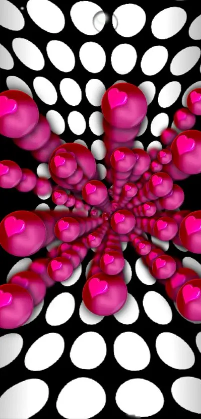 Vibrant pink heart design with geometric black and white backdrop.