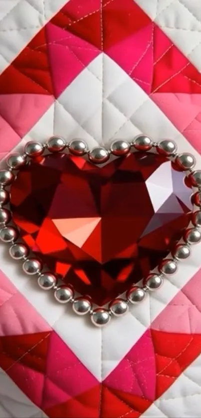 Red crystal heart on geometric pink and white background.