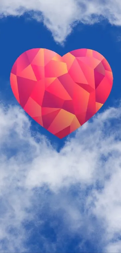 Vibrant geometric heart with blue sky and clouds wallpaper.