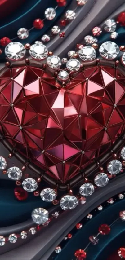 Geometric heart design with sparkling jewels on a colorful background.