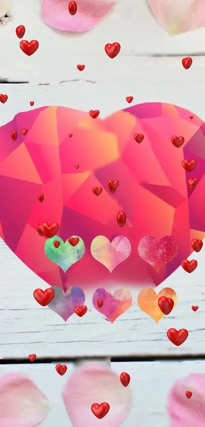 Vibrant geometric pink heart design on wood background.