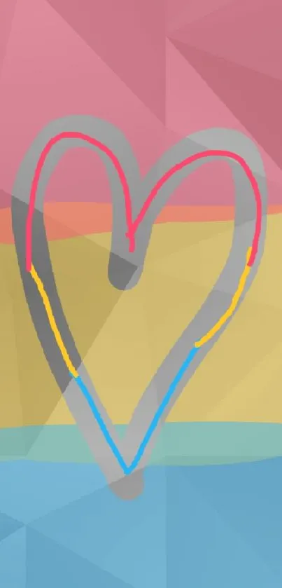 Mobile wallpaper featuring a geometric heart with colorful stripes and gray background.