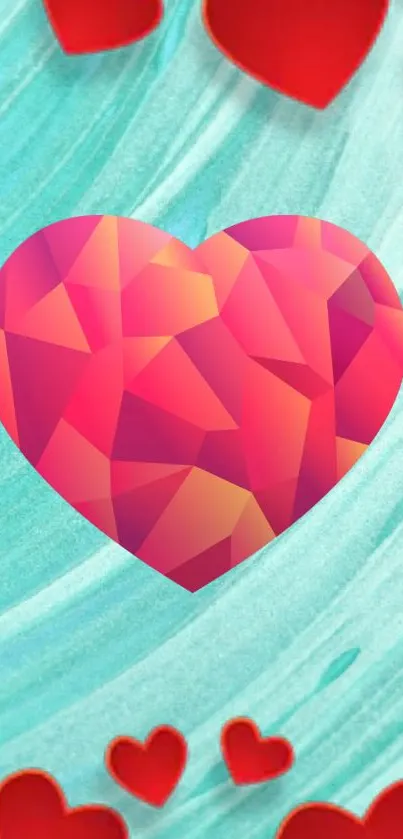 Colorful geometric heart wallpaper with red hearts and teal background.