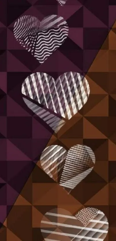 Geometric hearts with brown and purple triangles background.