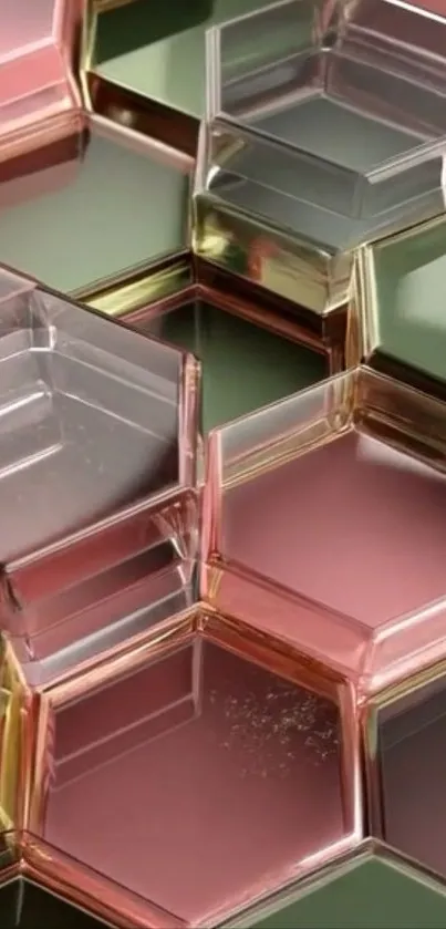 Geometric hexagon art wallpaper in pink and green tones.