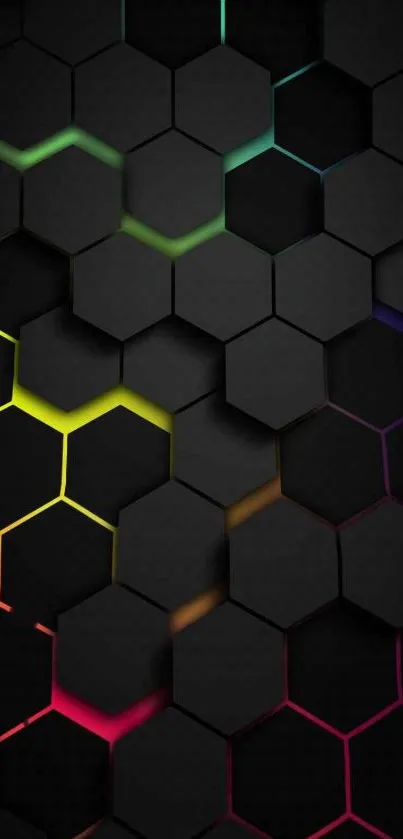 Geometric hexagon wallpaper with neon accents on a dark background.