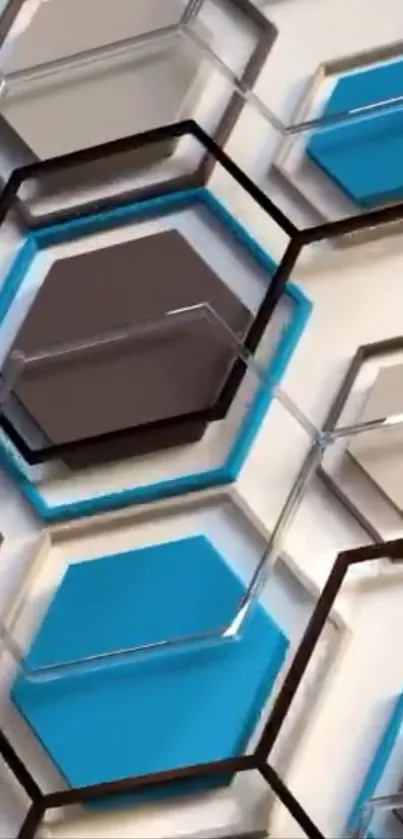 Geometric hexagon pattern in blue, grey, and black.