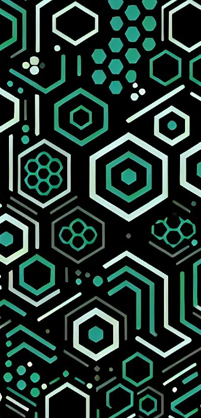 Abstract geometric hexagonal wallpaper with teal accents on a black background.