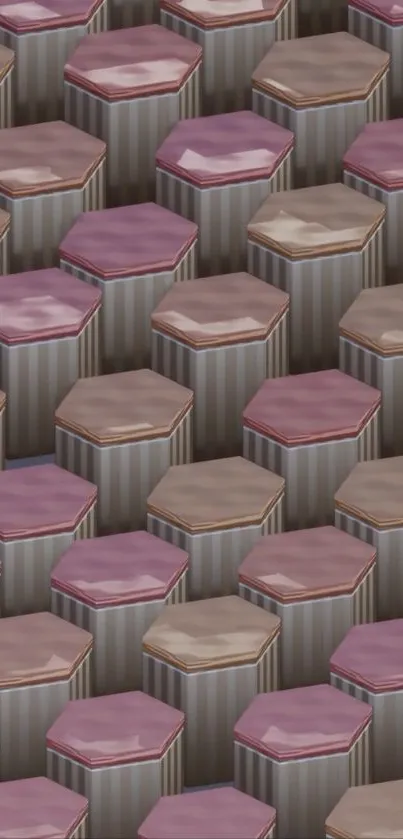 Hexagonal pattern wallpaper in pink and brown tones.
