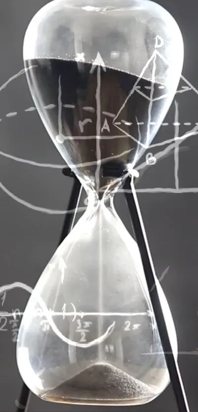 Hourglass with geometric formulas on dark background.