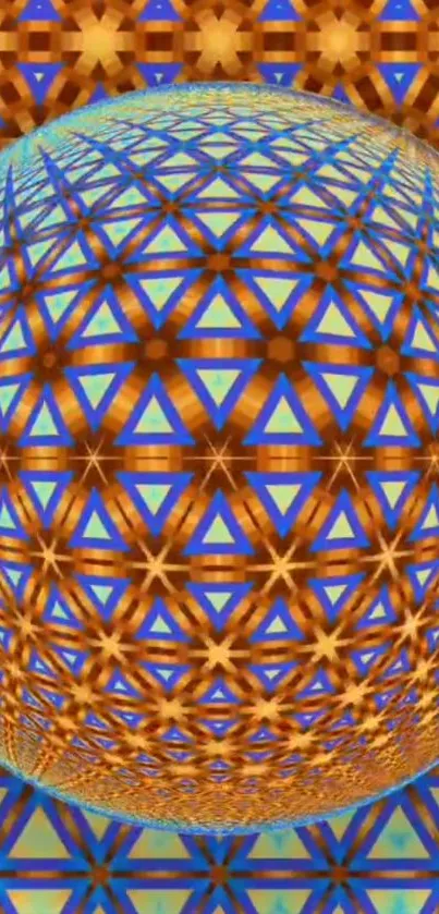3D geometric kaleidoscope sphere wallpaper in blue and orange.