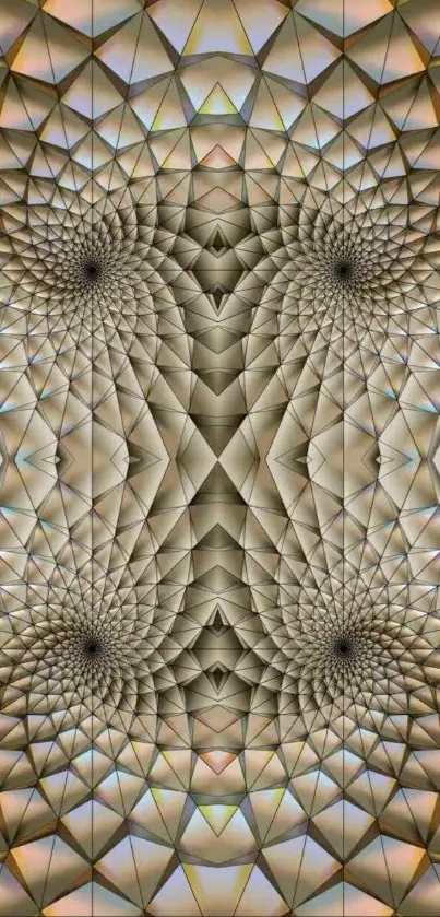 Intricate geometric kaleidoscope pattern wallpaper in beige tones.