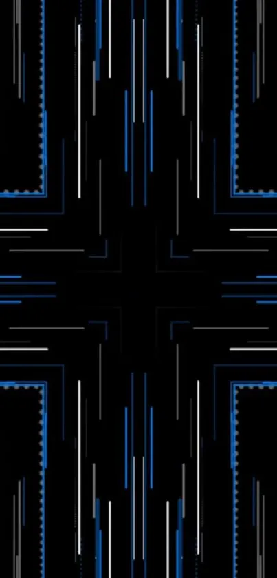 Geometric lines wallpaper with blue accents on black background.