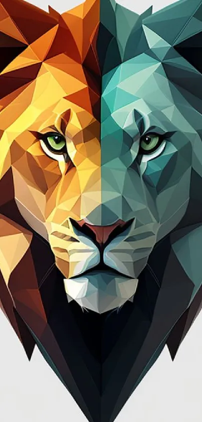 Geometric lion face with orange and teal hues.