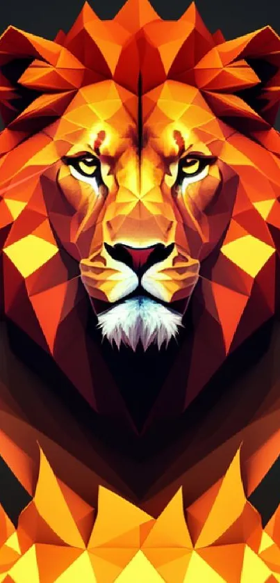 Orange geometric lion artwork with fiery triangular shapes.