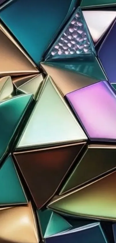 Colorful geometric metallic abstract design with shiny texture.