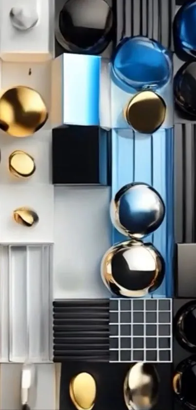 Geometric metallic abstract wallpaper with blue and gold details.