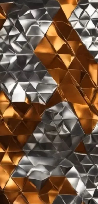 Geometric metallic wallpaper with silver and orange pattern.
