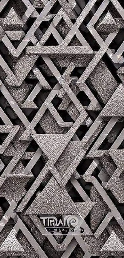 Geometric metallic wallpaper with intricate patterns in shades of grey.