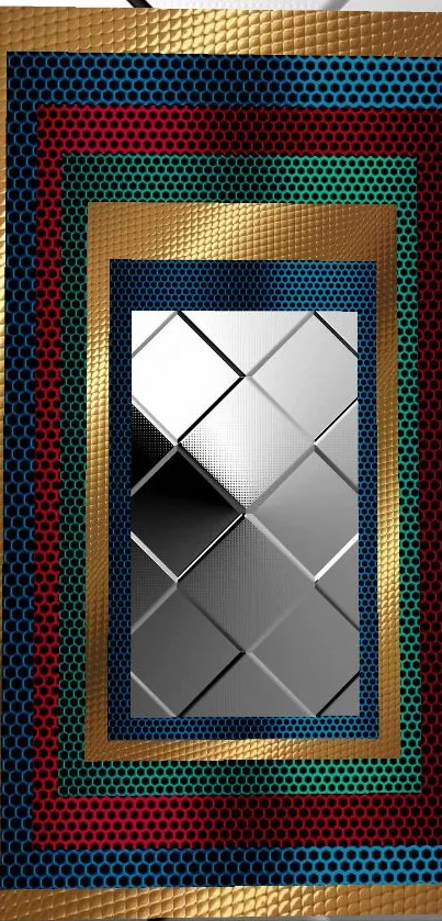 Geometric metallic wallpaper with colorful patterns and textured layers.