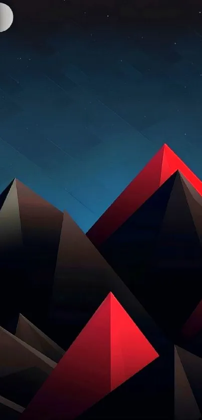 Geometric mountain wallpaper with night sky and red accents.