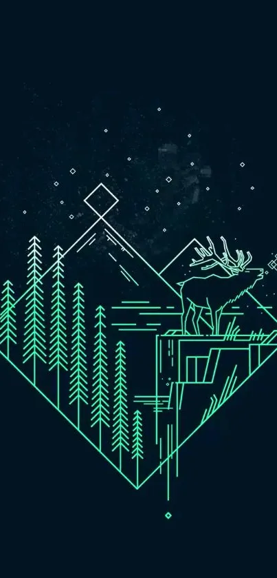 Abstract geometric nature wallpaper with trees and elk on a dark background.