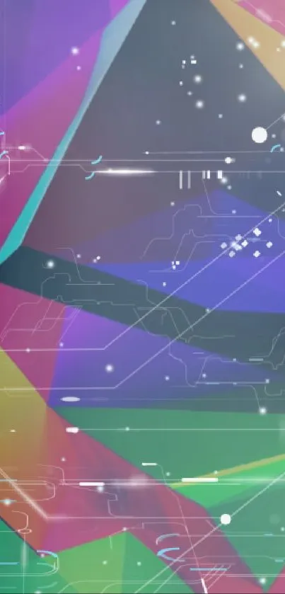 Vibrant geometric neon abstract wallpaper with dynamic shapes and colors.