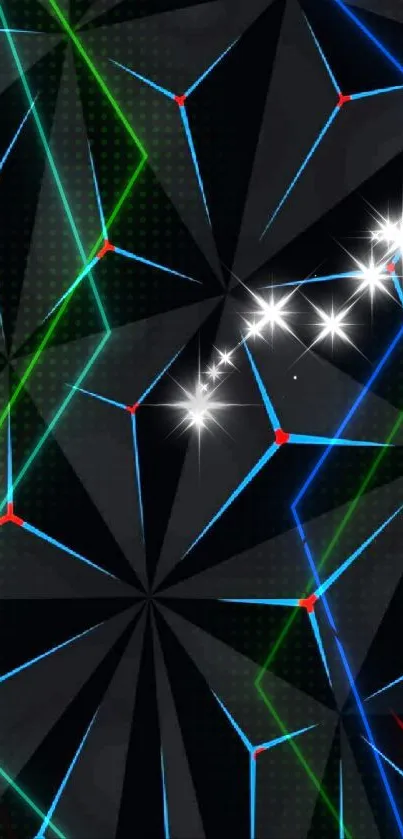 Abstract geometric wallpaper with neon lines and sparkles.